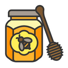 Illustration of a jar of honey with a bee label and a wooden honey dipper resting beside it.