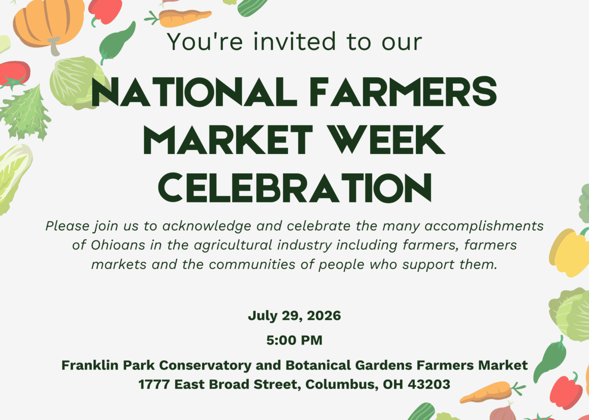 Invitation flyer for National Farmers Market Week Celebration at Franklin Park Conservatory, July 29, 2026, 5:00 PM, Columbus, OH, with vegetable illustrations on a white background.