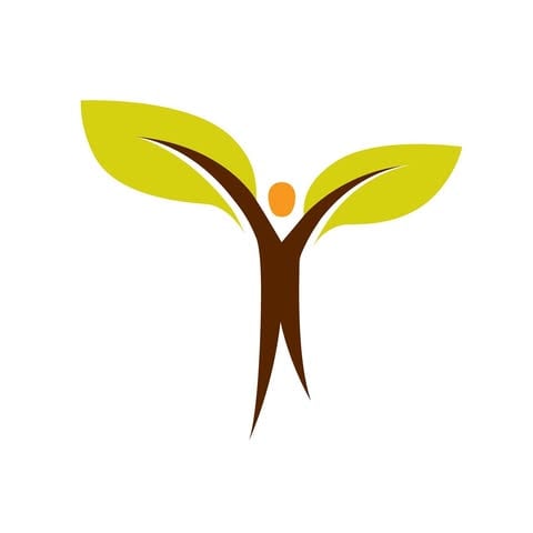 Stylized logo of a person with outstretched arms, where the arms form branches and two green leaves, representing growth or nature.