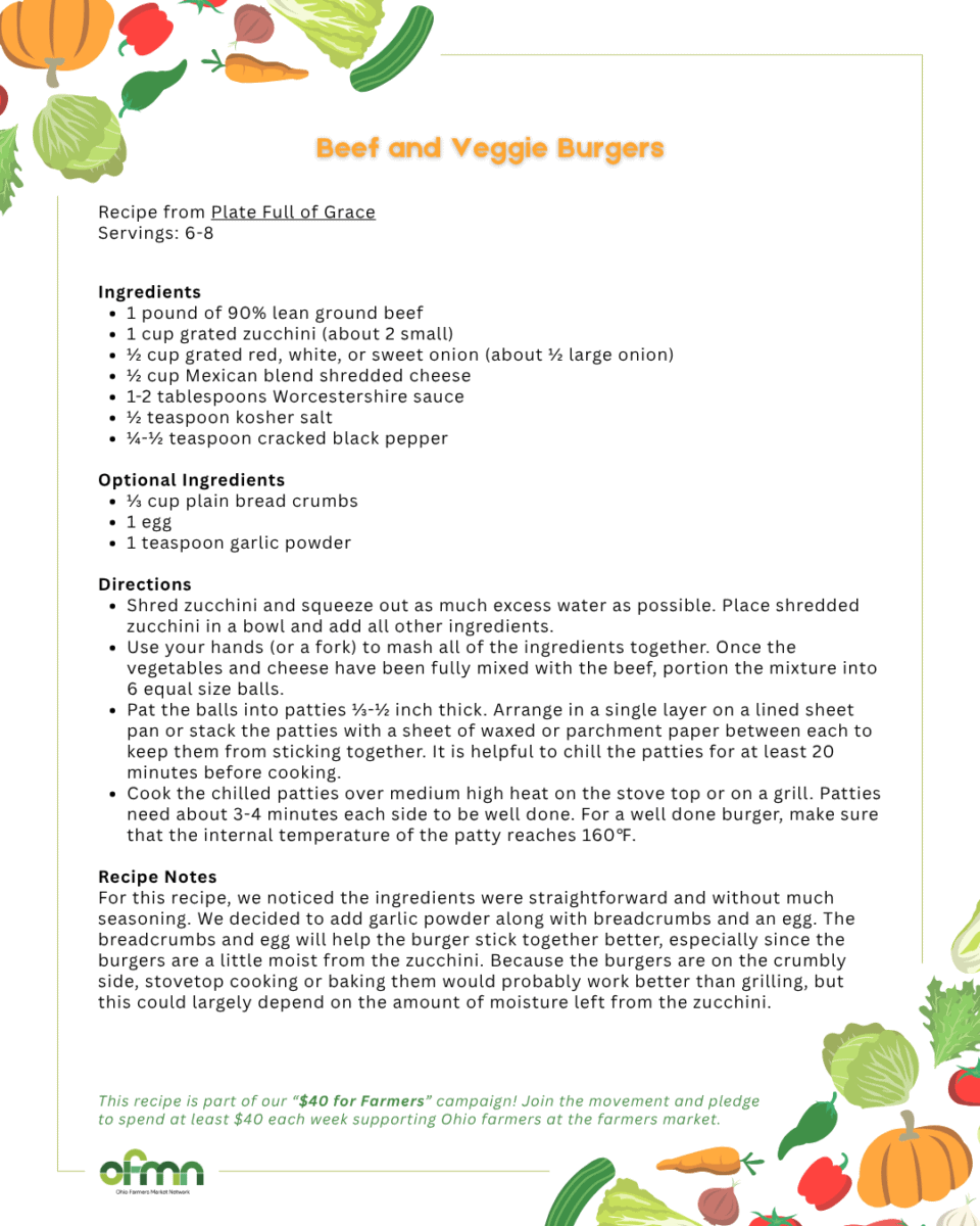 A recipe page for beef and veggie burgers with illustrated vegetables around the border and preparation instructions in the center. Text includes ingredients, steps, and serving size details.