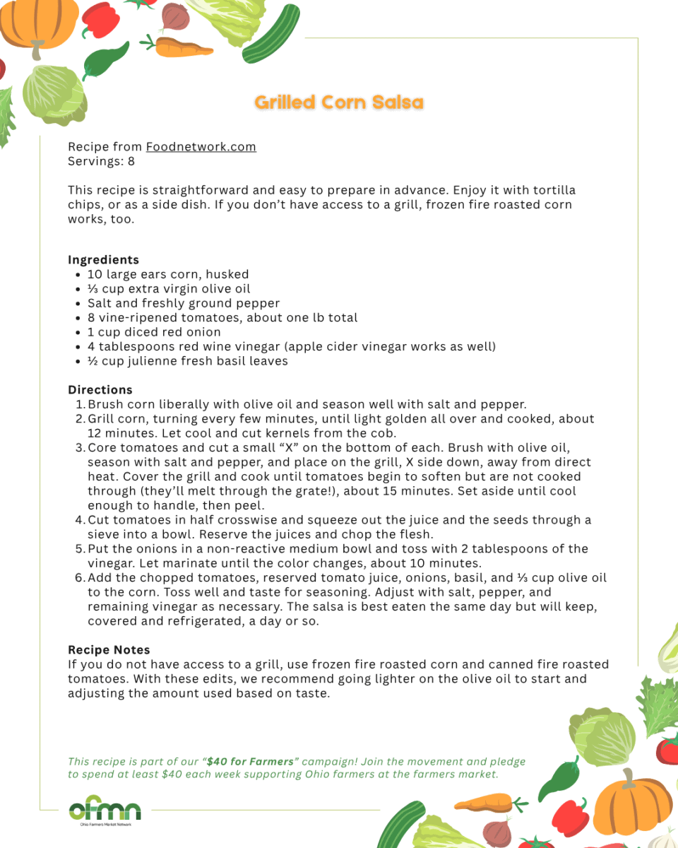 A recipe page for grilled corn salsa with ingredients and step-by-step directions, decorated with colorful vegetable illustrations around the border.