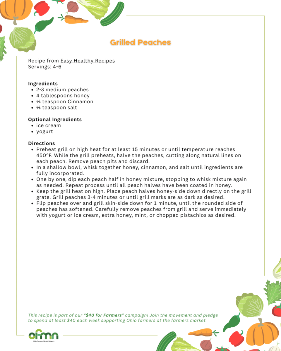 Recipe card for grilled peaches featuring ingredients, directions, and optional toppings, decorated with illustrated fruit and leaves around the border.