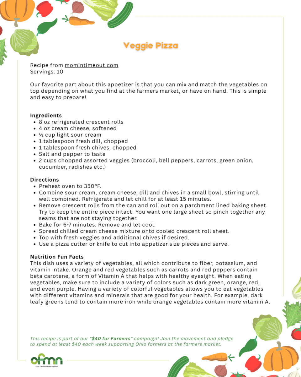 A recipe card for veggie pizza, listing ingredients like crescent rolls, sour cream, cheese, and assorted vegetables, along with step-by-step directions and a tip for healthier options.