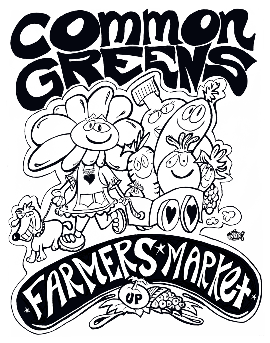 Black and white cartoon of smiling vegetables and a flower with a dog, featuring bold text: "Common Greens Farmers Market.