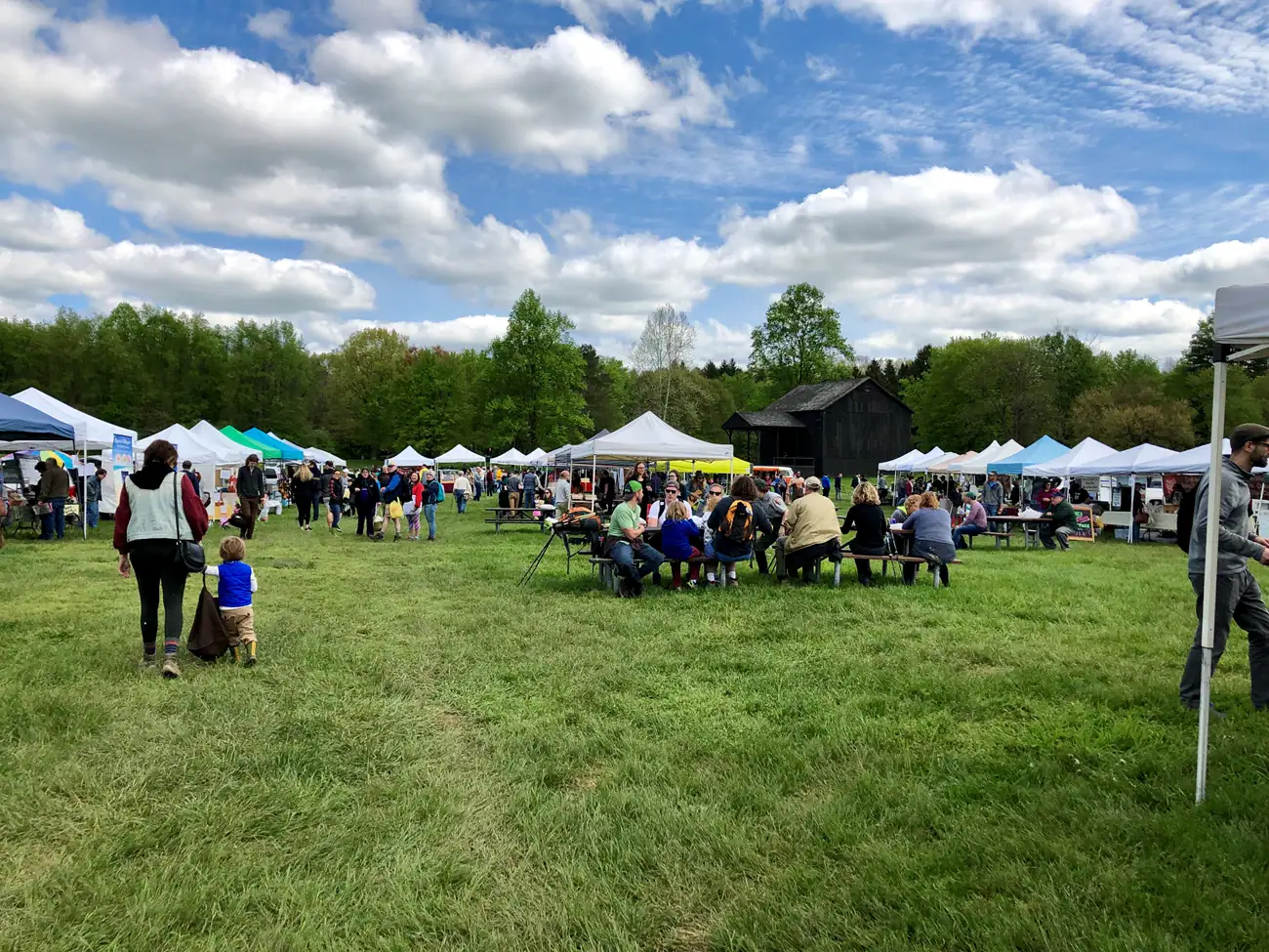 People attend an outdoor event with vendor tents, picnic tables, and grassy open space under a partly cloudy sky.