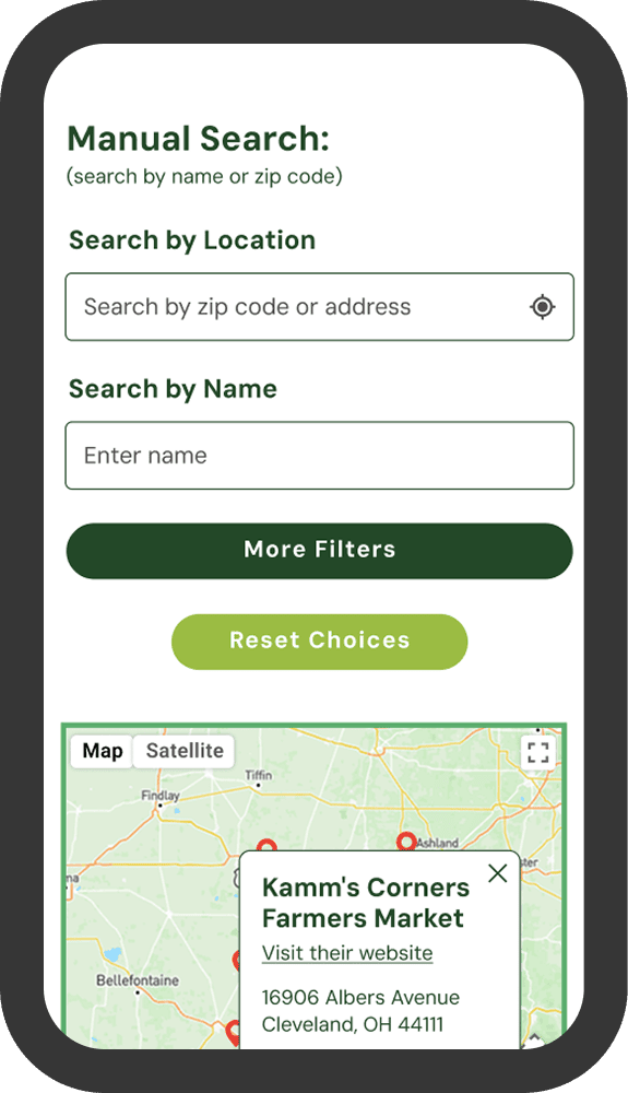 A search interface with fields for location and name, filter and reset buttons, and a map showing Kamm's Corners Farmers Market in Cleveland, OH.