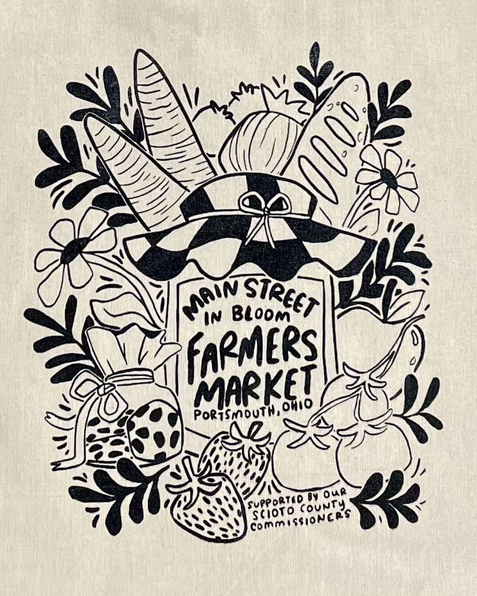 Illustration featuring bread, vegetables, and fruit with text: "Main Street in Bloom Farmers Market, Portsmouth, Ohio. Supported by our Scioto County Commissioners.