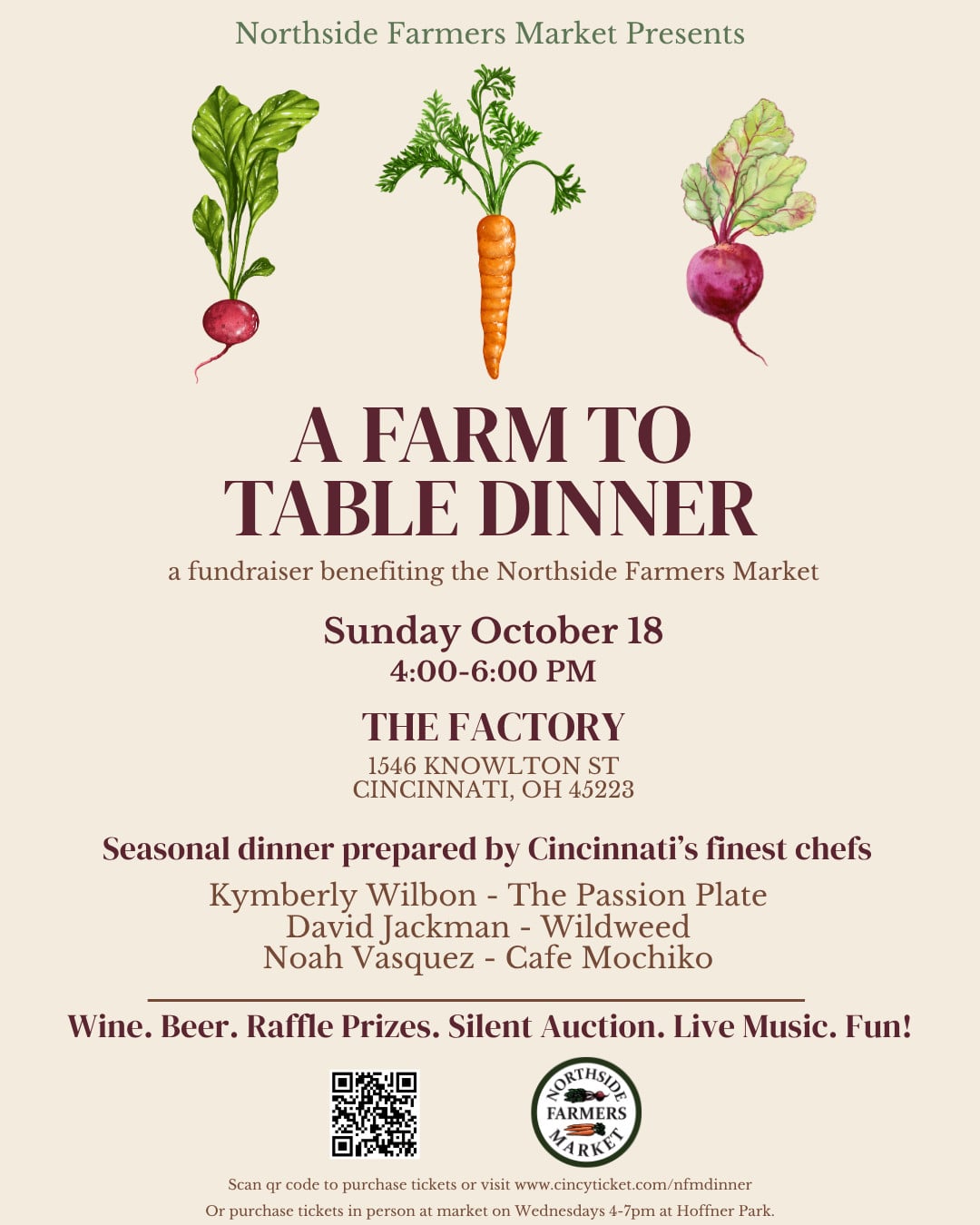 Poster for “A Farm to Table Dinner” event on October 18 at The Factory in Cincinnati, featuring local chefs, wine, beer, live music, raffle prizes, and a seasonal dinner benefiting a farmers market.