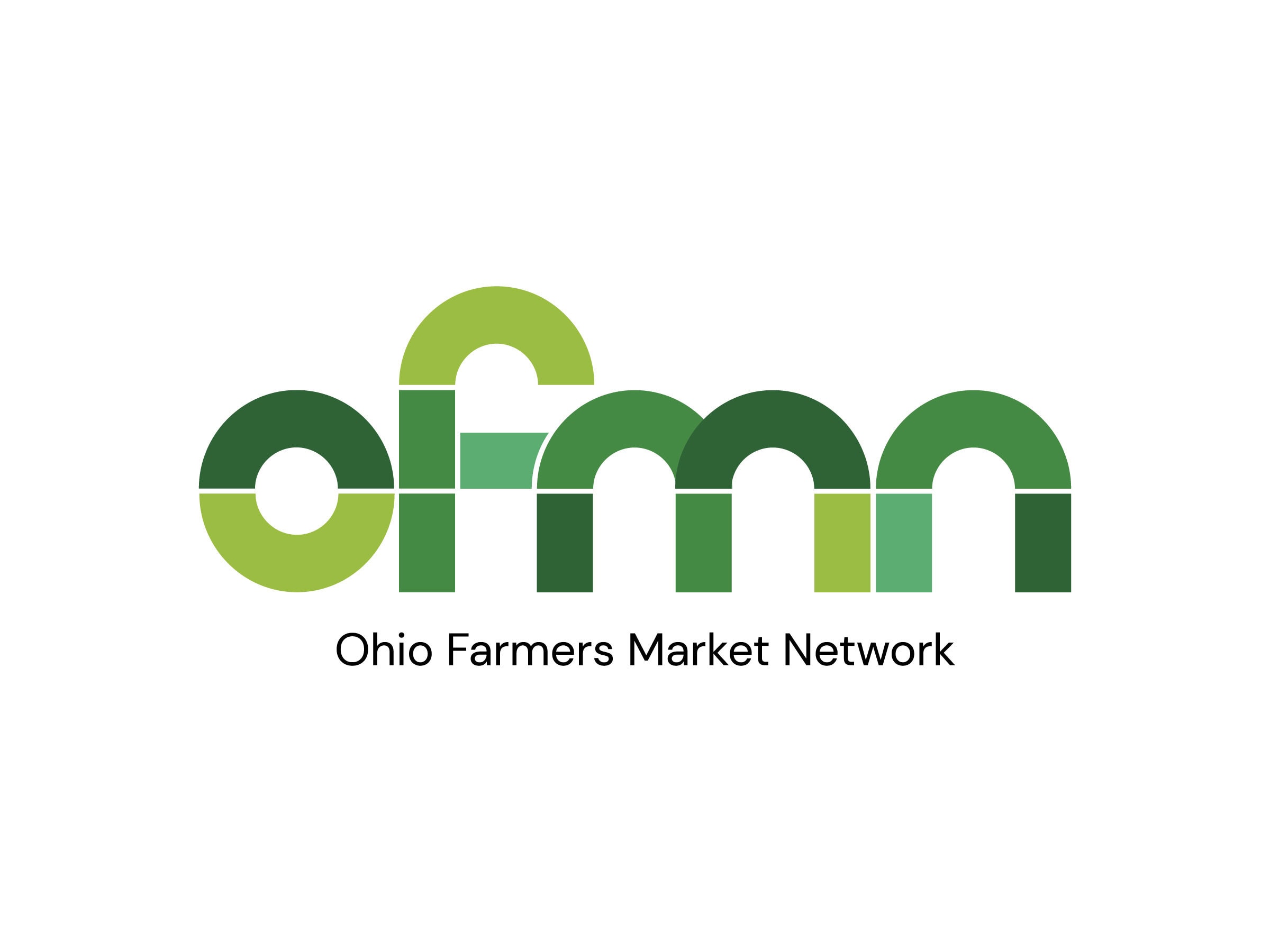 Logo for the Ohio Farmers Market Network, featuring the initials "ofmn" in green geometric shapes above the full organization name in black text.