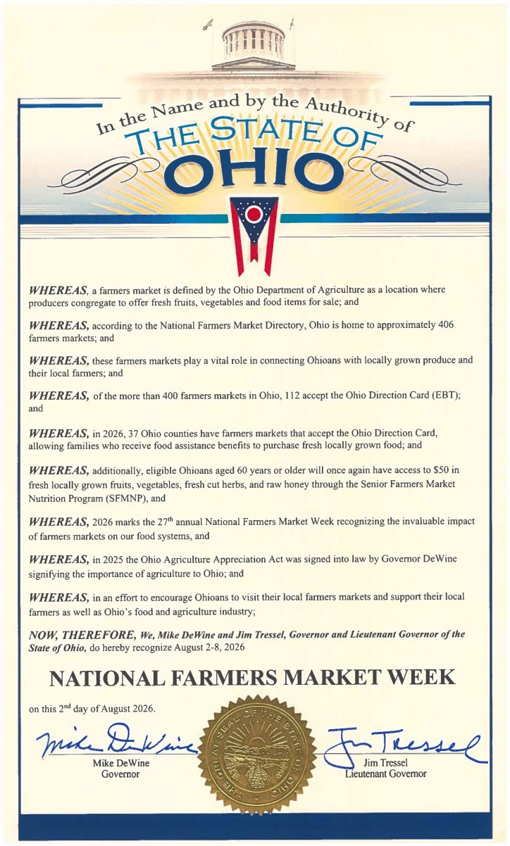 A proclamation document from the State of Ohio declaring August 2–8, 2026, as National Farmers Market Week, signed by the governor and lieutenant governor.