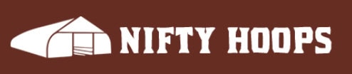 White greenhouse icon and bold text “NIFTY HOOPS” on a brown background.
