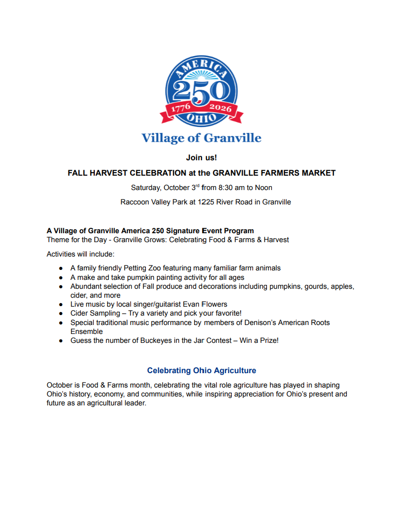 Flyer for the Village of Granville’s Fall Harvest Celebration at the Granville Farmers Market, October 5, 8:30 am–noon, listing event details and promoting Ohio agriculture.