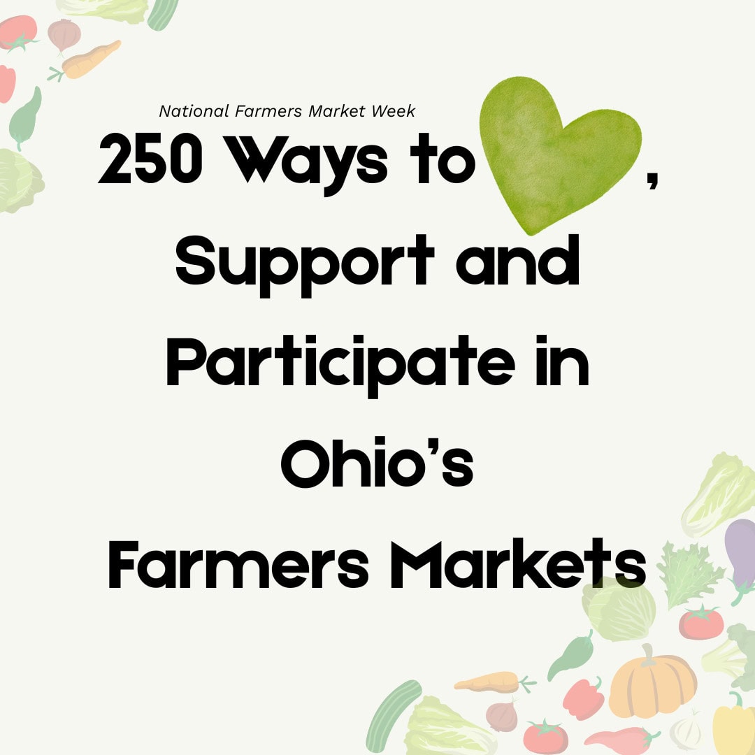 Text reads: "250 Ways to [heart], Support and Participate in Ohio’s Farmers Markets" with illustrated vegetables around the border.
