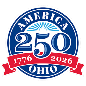 Circular logo with "America 250" in blue, "1776-2026" on a red ribbon, and "Ohio" at the bottom, marking the 250th anniversary of the United States.