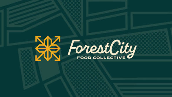 Logo for Forest City Food Collective with a yellow geometric design on the left and the name in white script on a green patterned background.