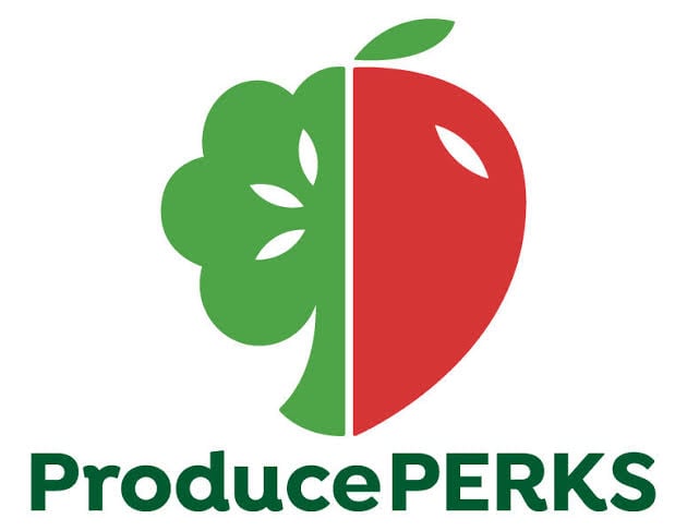 Logo for ProducePERKS showing a half-green vegetable and half-red fruit illustration above the organization’s name in green text.